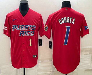 Men%27s Puerto Rico Baseball #1 Carlos Correa Number 2023 Red World Baseball Classic Stitched Jerseys->2023 world baseball classic->MLB Jersey